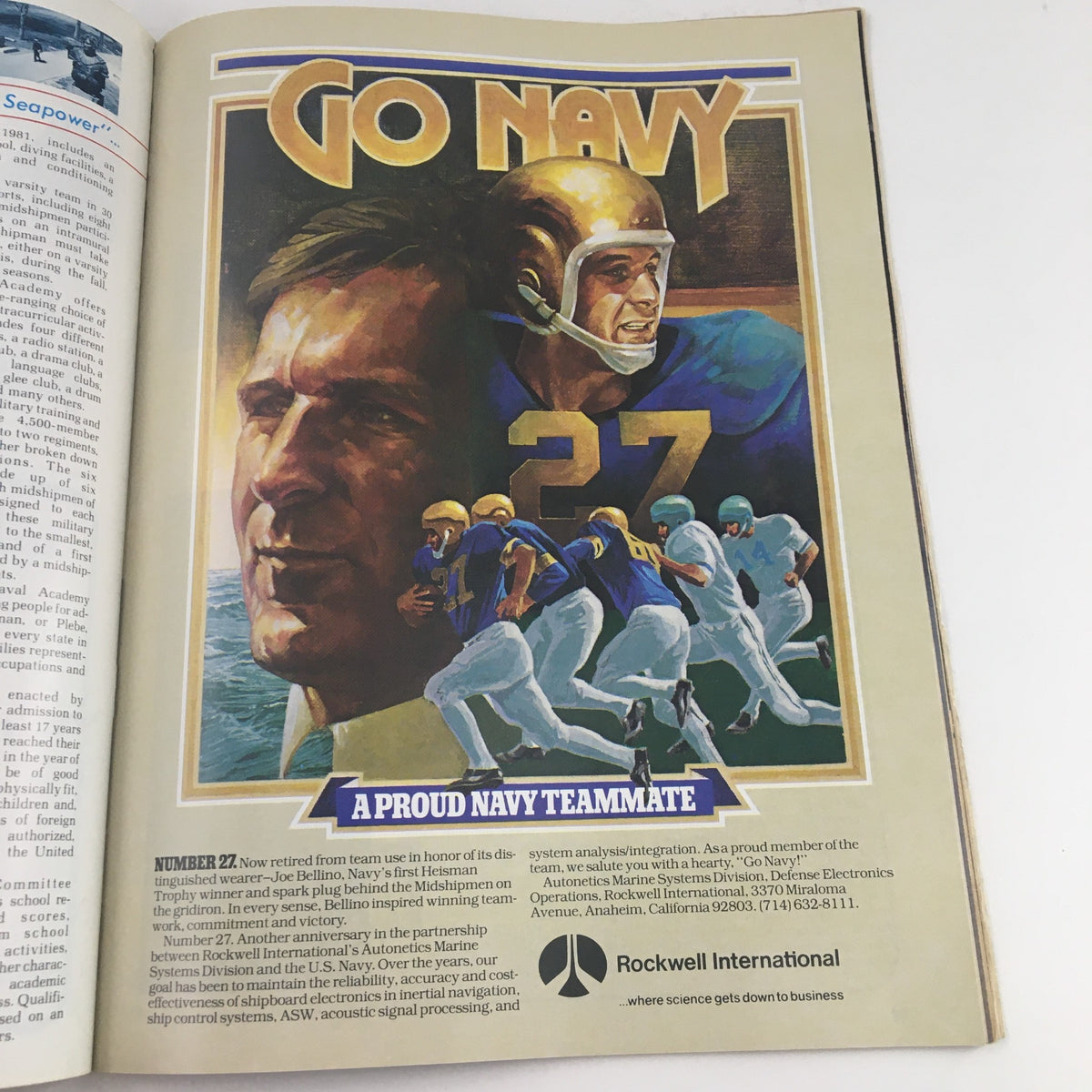 1982 Navy-Marine Corps Memorial Stadium Navy vs Virginia Program with a promotional advertisement for Navy athletics, highlighting a retired Navy player's legacy.