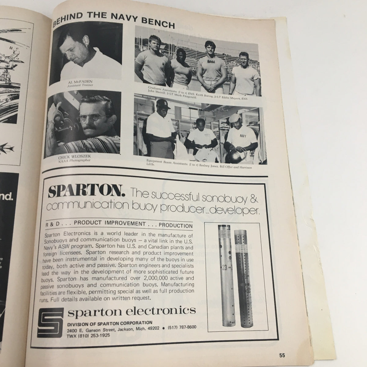 1982 Navy-Marine Corps Memorial Stadium Navy vs Virginia Program containing an advertisement for Sparton Corporation, highlighting their products for communication and buoy development.