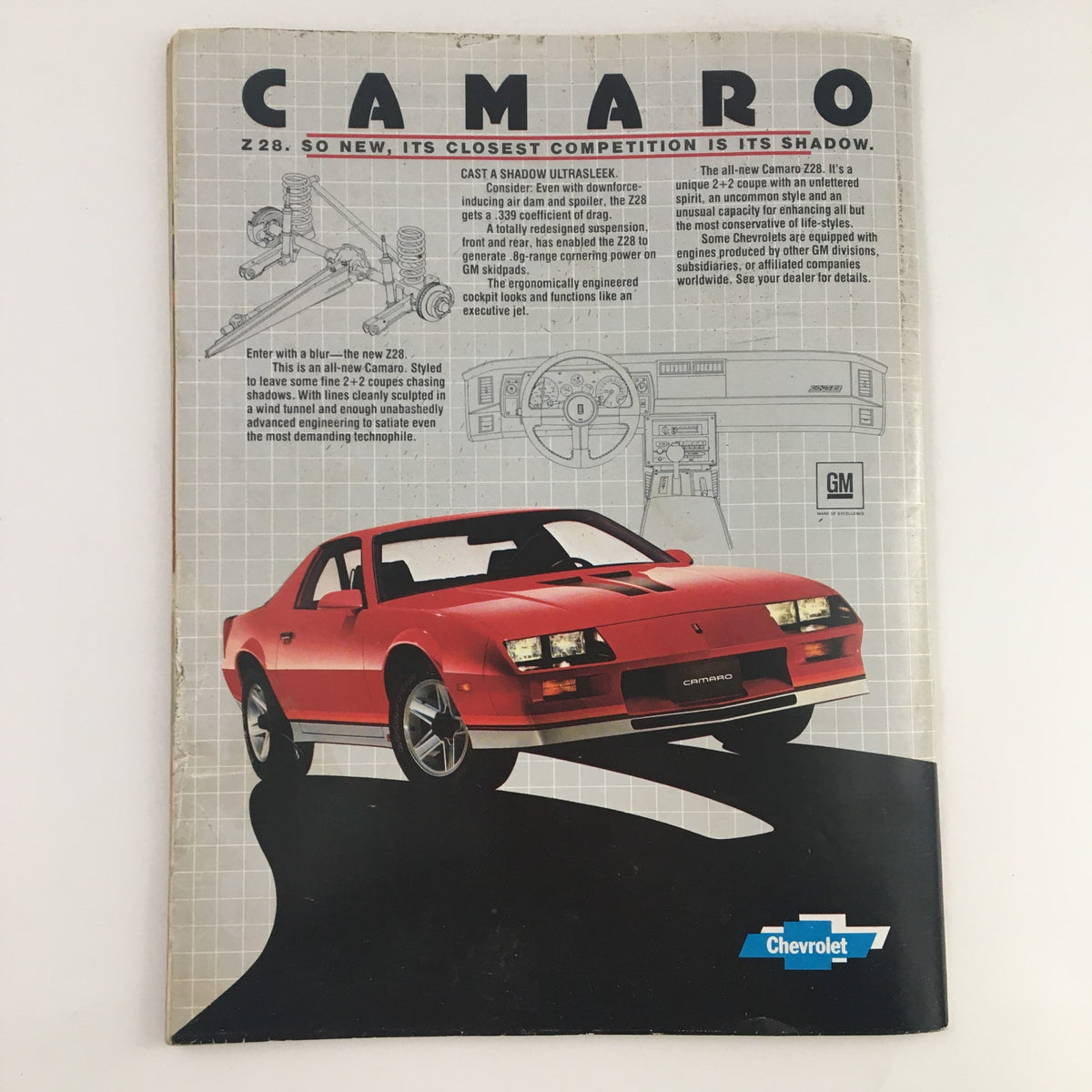 1982 Navy-Marine Corps Memorial Stadium Navy vs Virginia Program Cover featuring a classic Chevrolet Camaro Z28 advertisement with detailed specifications and graphics.