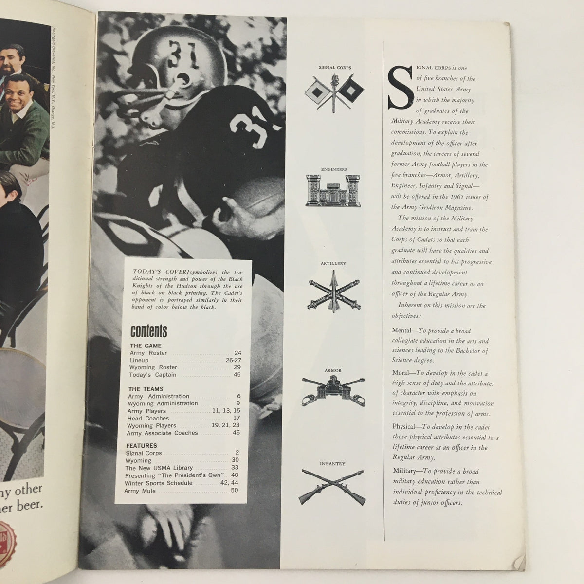 Inside page of Gridiron Magazine November 13 1965 displaying contents, including articles on football teams, players, and history.