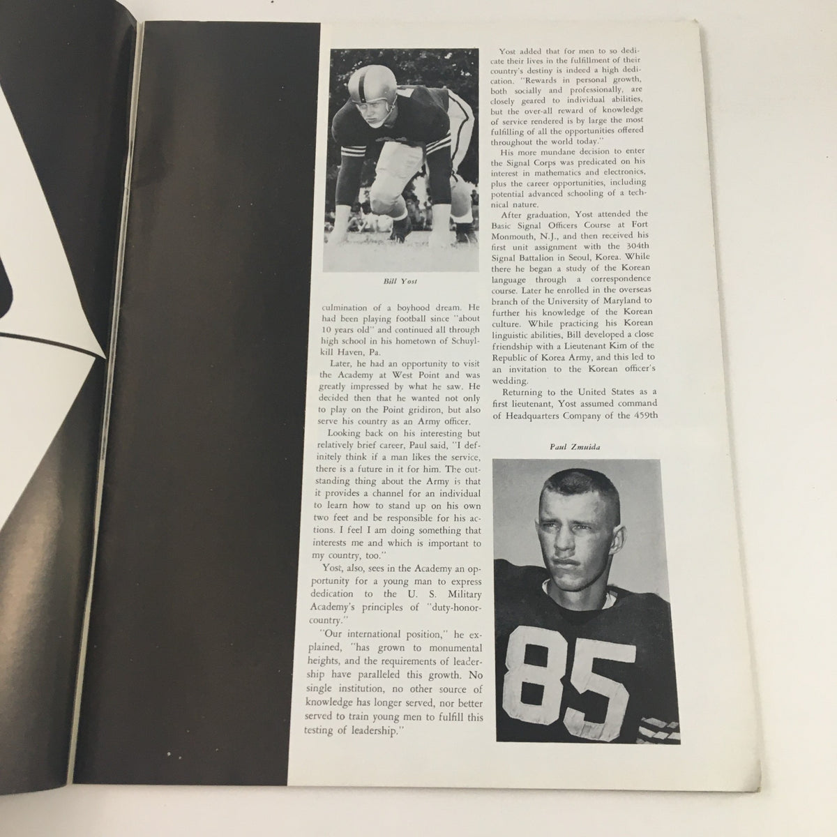 Internal page of Gridiron Magazine November 13 1965 featuring profiles of football players Bill Yost and Paul Zanidu, showcasing athlete stories.