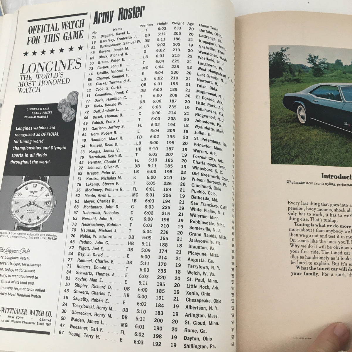 Gridiron Magazine November 13 1965 - Army roster page with player details for the football game, displaying positions, heights, weights, and hometowns.