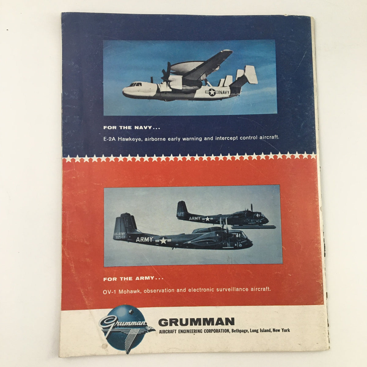 Back cover of Gridiron Magazine November 13, 1965 featuring Grumman aircraft advertisement for the US Navy and Army, promoting the E-2A Hawkeye and OV-1 Mohawk. A piece of vintage sports and aviation history.