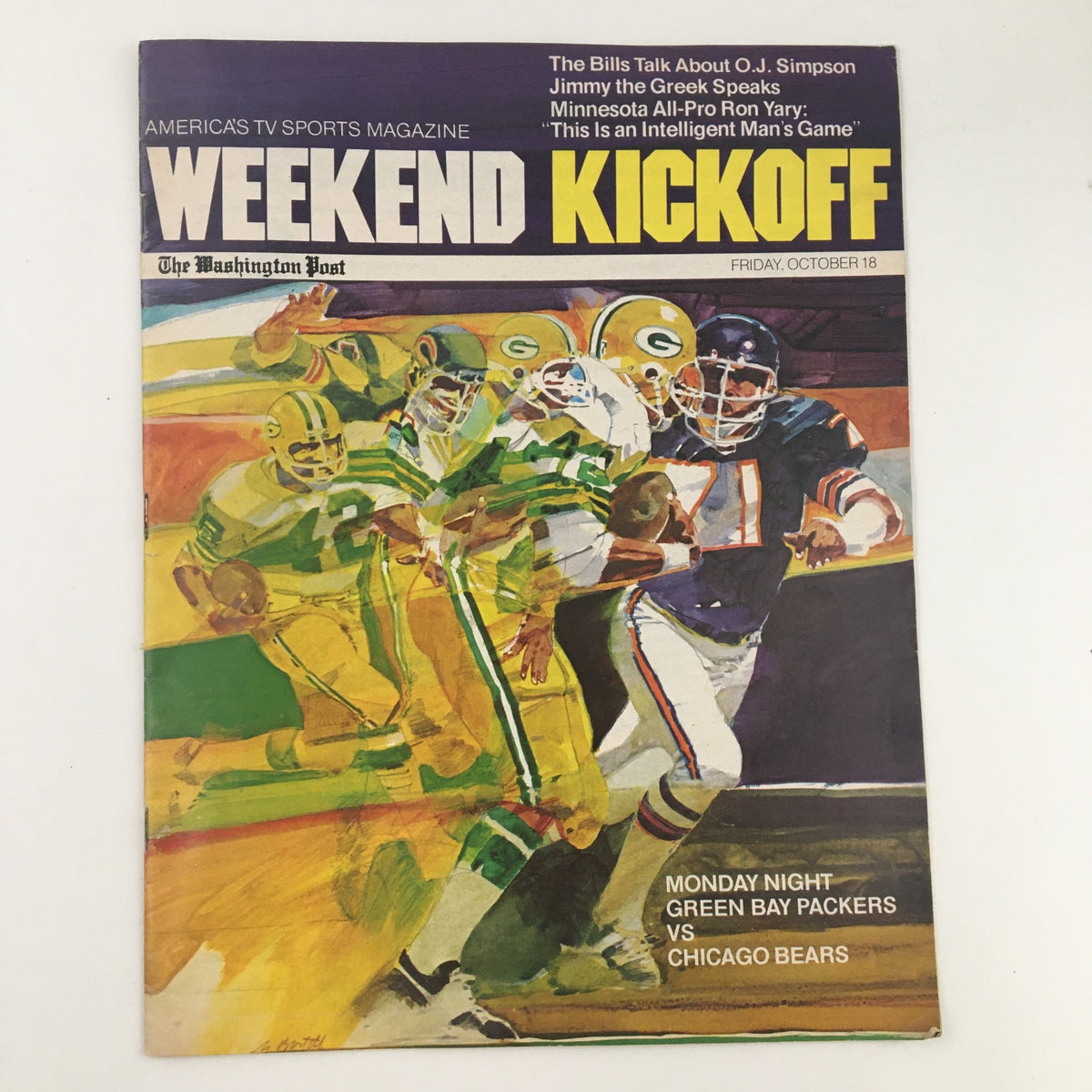 Cover of Weekend Kickoff Magazine Vol 1 #1 featuring O.J. Simpson and football action imagery, highlighting the October edition with articles on the Buffalo Bills and a matchup between the Green Bay Packers and Chicago Bears.