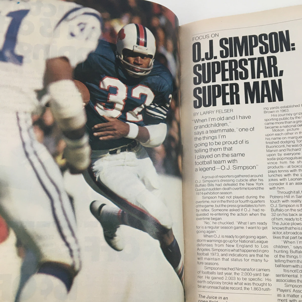 O.J. Simpson in action, featured on an inside page of Weekend Kickoff Magazine Vol 1 #1, showcasing his skills as a Buffalo Bills running back.