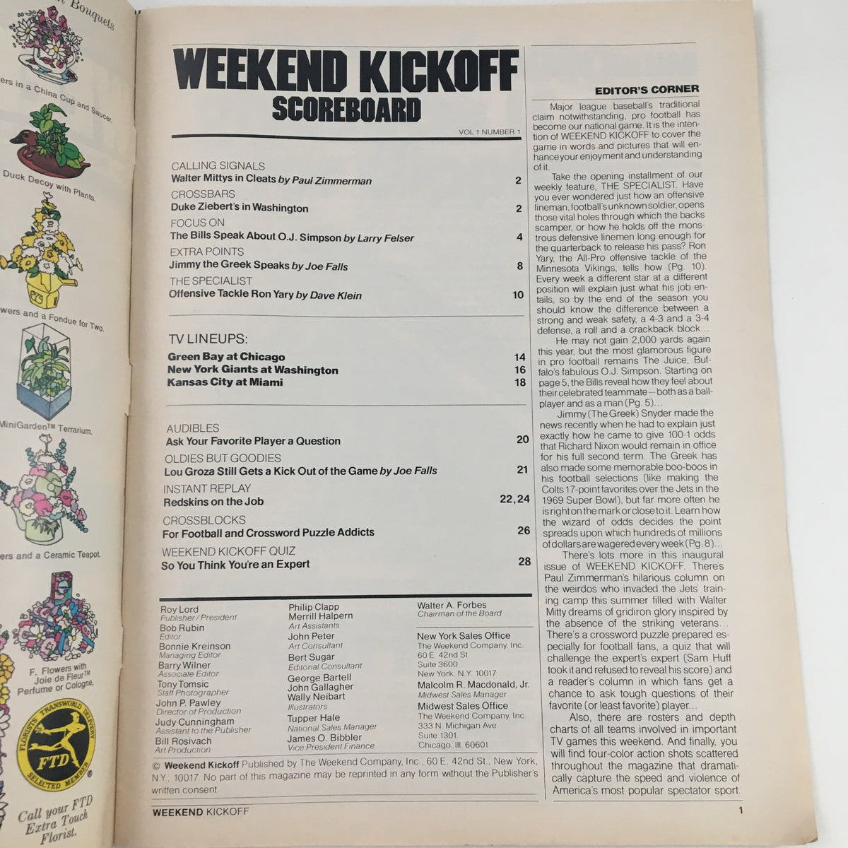 Scoreboard section of Weekend Kickoff Magazine Vol 1 #1, detailing game line-ups and articles, including a focus on O.J. Simpson.