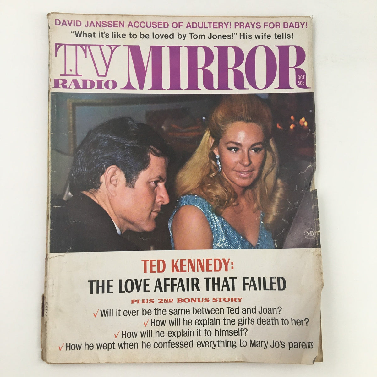 Cover of TV Radio Mirror Magazine from October 1969 featuring the headline 'Ted Kennedy: The Love Affair That Failed' alongside an image of a woman with blonde hair and a man looking towards her. This vintage magazine offers insights into 1960s cultural history.