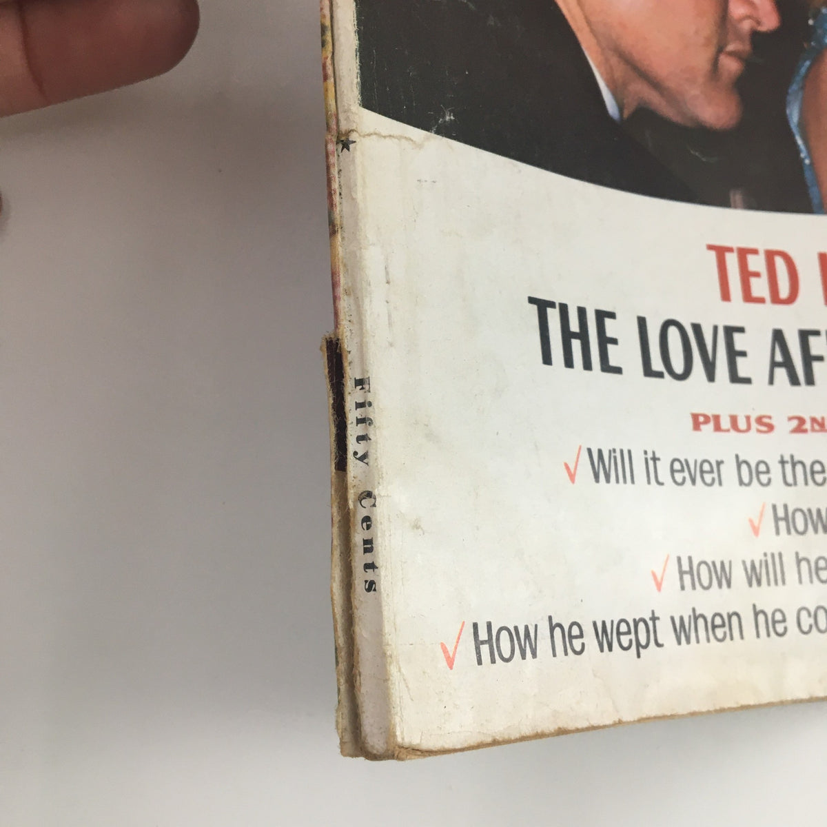 Side view of the TV Radio Mirror Magazine from October 1969 displaying the worn edges and condition of the issue. The magazine's title 'Ted Kennedy: The Love Affair That Failed' is prominently featured, portraying its historical significance.