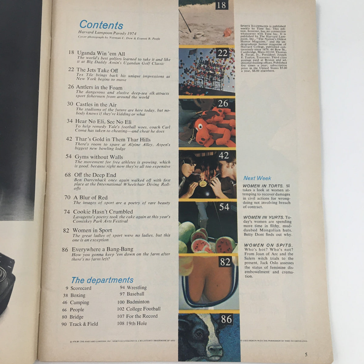 Contents page from Sports Illustrated Magazine 1974 A Harvard Lampoon Parody, listing various articles and features, reflecting the witty and playful commentary of the time.