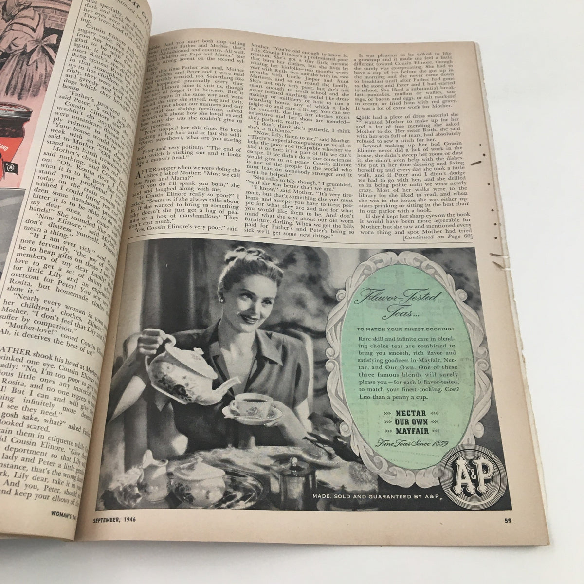 A detailed page from the Woman's Day Magazine September 1946, highlighting a woman serving tea, reflecting the styles and household tips of the era.