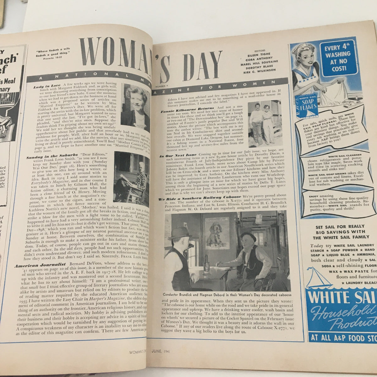 Inside pages of Woman's Day Magazine June 1941 showcasing articles and advertisements, providing insight into the content and cultural context of the magazine during this historic era.