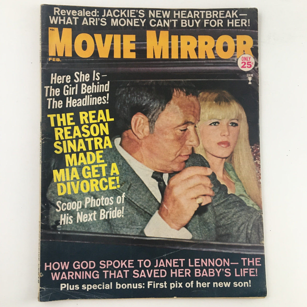 Cover of Movie Mirror Magazine February 1969 featuring Frank Sinatra and the headline about his divorce from Mia Farrow, reflecting Hollywood's golden age.