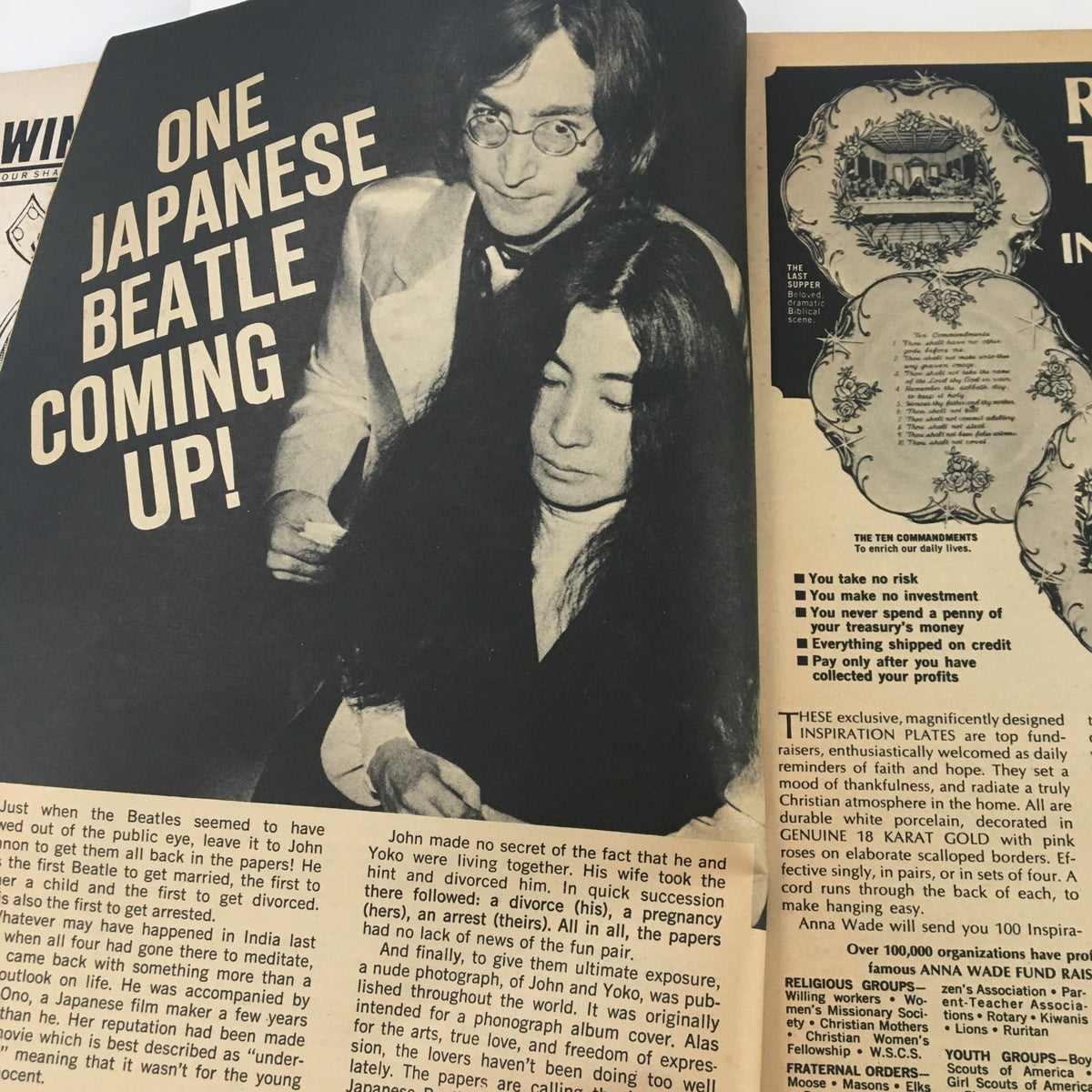 Page from Movie Mirror Magazine February 1969 featuring John Lennon and Yoko Ono with caption 'One Japanese Beatle Coming Up!' highlighting their relationship.