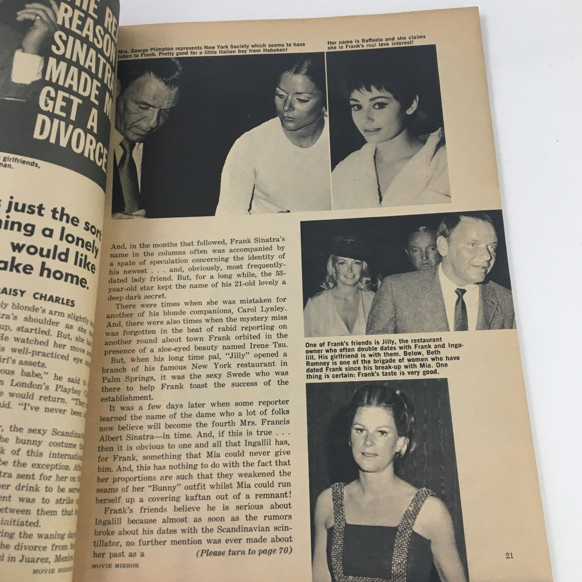 Page from Movie Mirror Magazine February 1969 discussing Frank Sinatra's relationships and personal life with black-and-white photographs of associated figures.