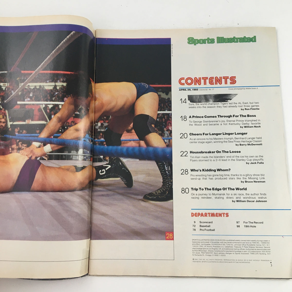 Inside spread of Sports Illustrated Magazine April 29 1985 showing the contents page with featured articles and wrestling match images.