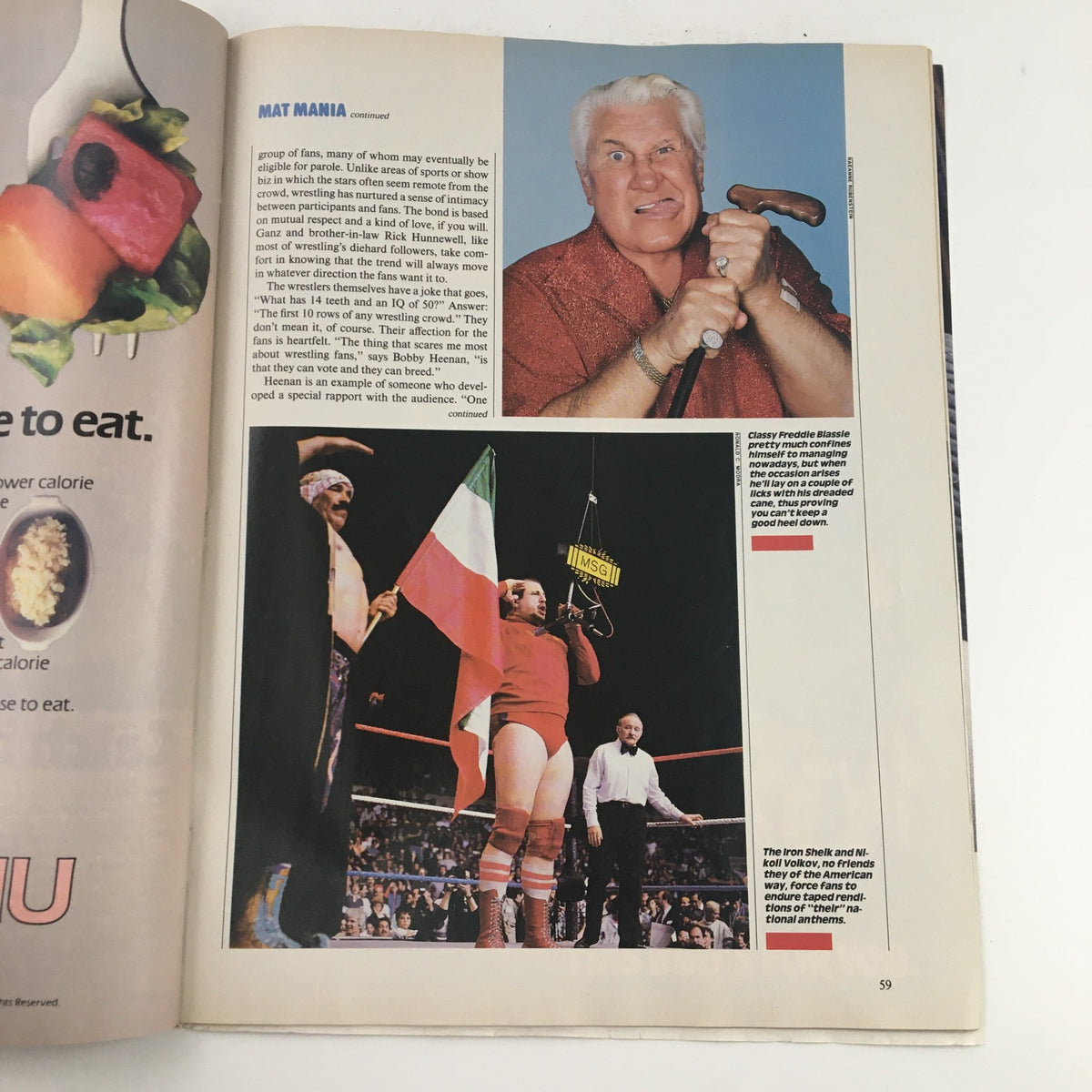 Feature on 'Mat Mania' with images and text discussing wrestlers and fan culture in Sports Illustrated Magazine April 29 1985.