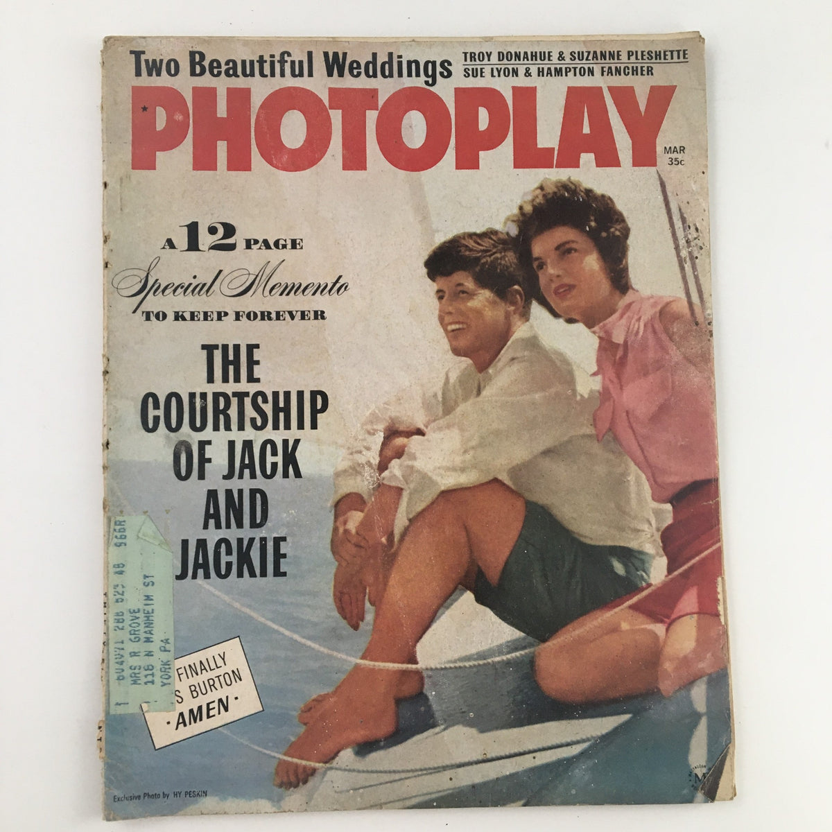 Photoplay Magazine March 1964 showcasing the courtship of Jack and Jackie, featuring a couple seated together on a boat with the magazine's vibrant cover design.