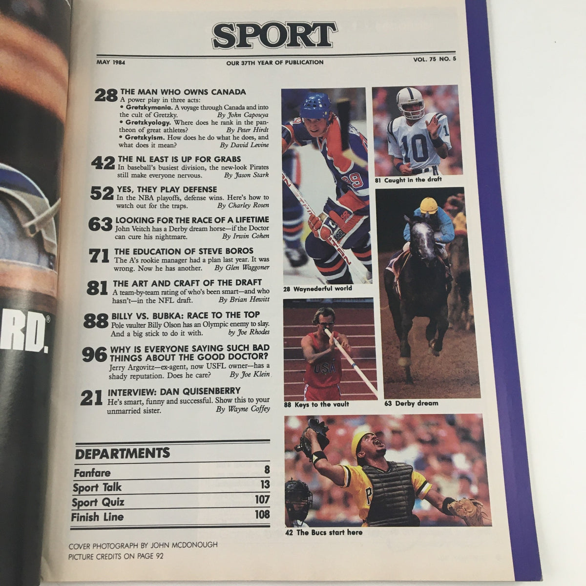 Interior page of Sport Magazine May 1984 Vol 75 No. 5 showing the contents, including articles about Wayne Gretzky, baseball, and the NFL draft, as well as other sports features.