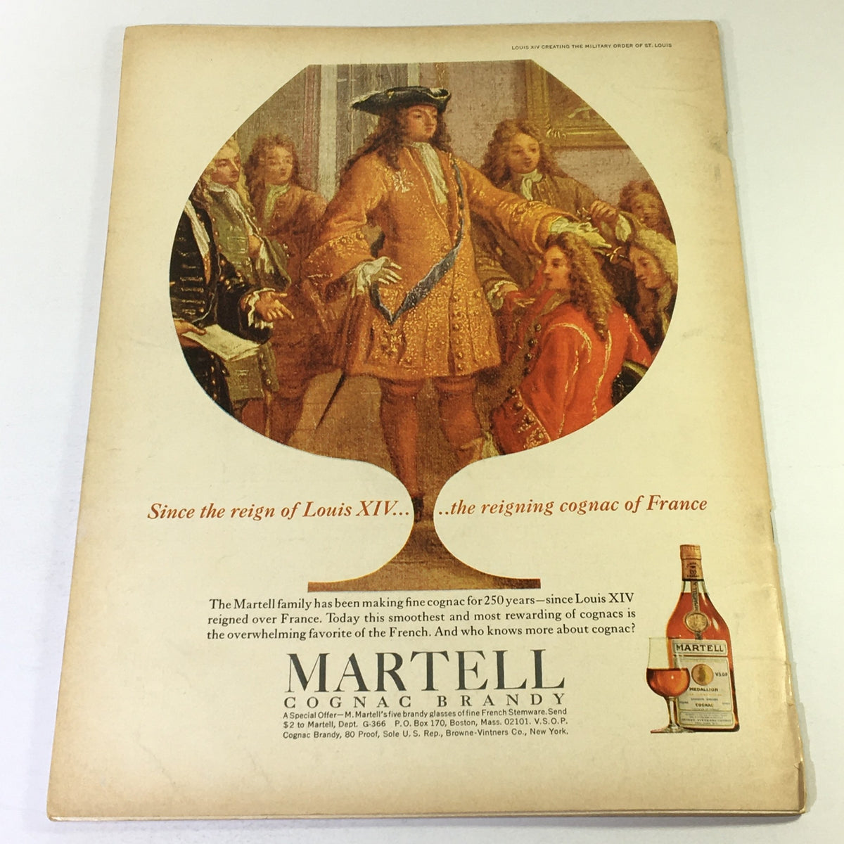 Back cover of Gourmet Magazine March 1966 displaying a vintage advertisement for Martell Cognac featuring Louis XIV.