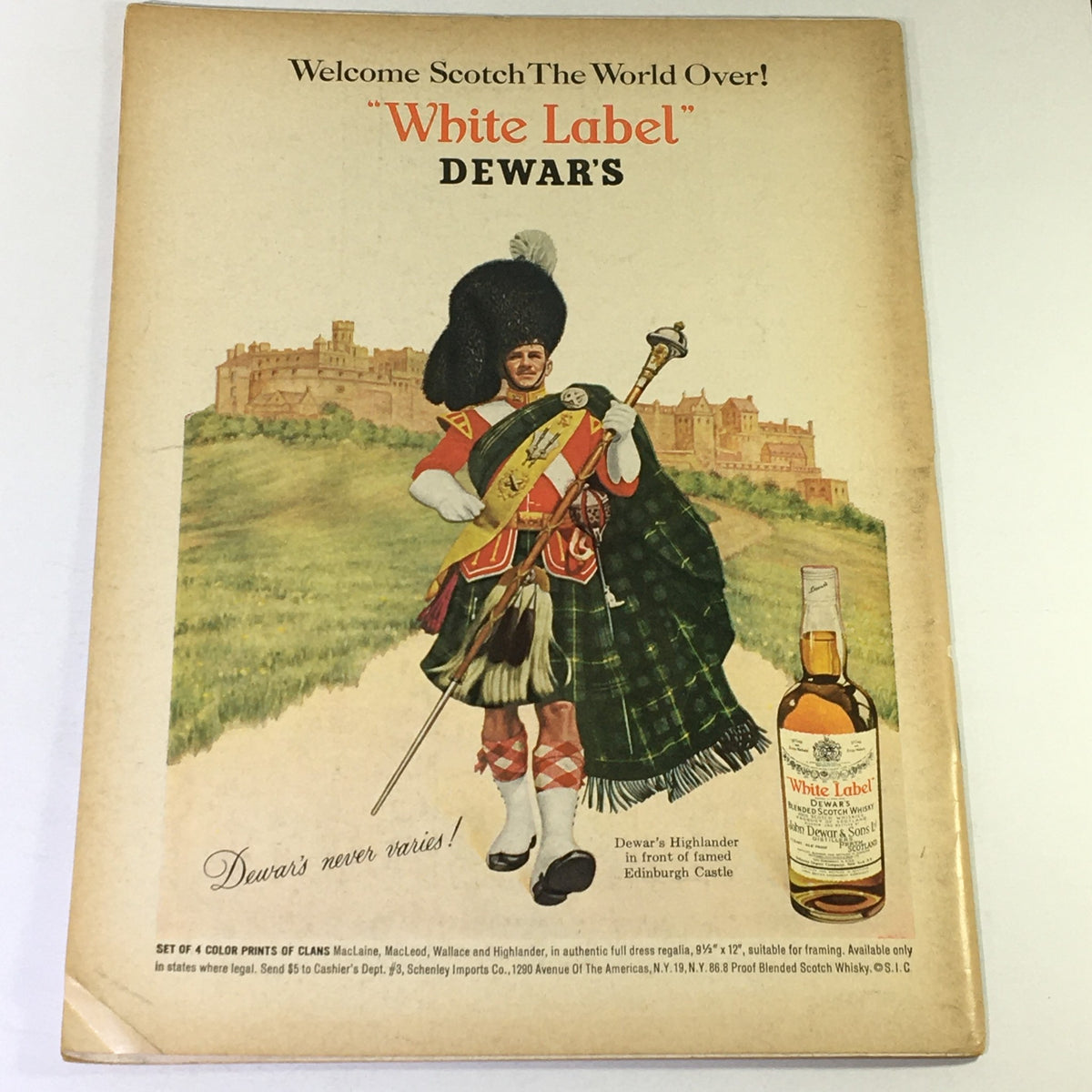 Cover of VTG Gourmet The Magazine of Good Living January 1966 featuring a vibrant illustration of a Scotsman in traditional attire, representing the theme 'Three Spanish Dinners'.