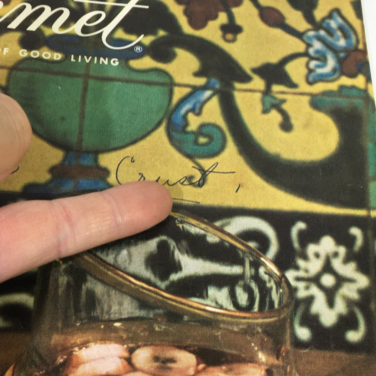 Detail shot of the cover signature on VTG Gourmet The Magazine of Good Living, September 1967, showcasing the title and decorative elements.