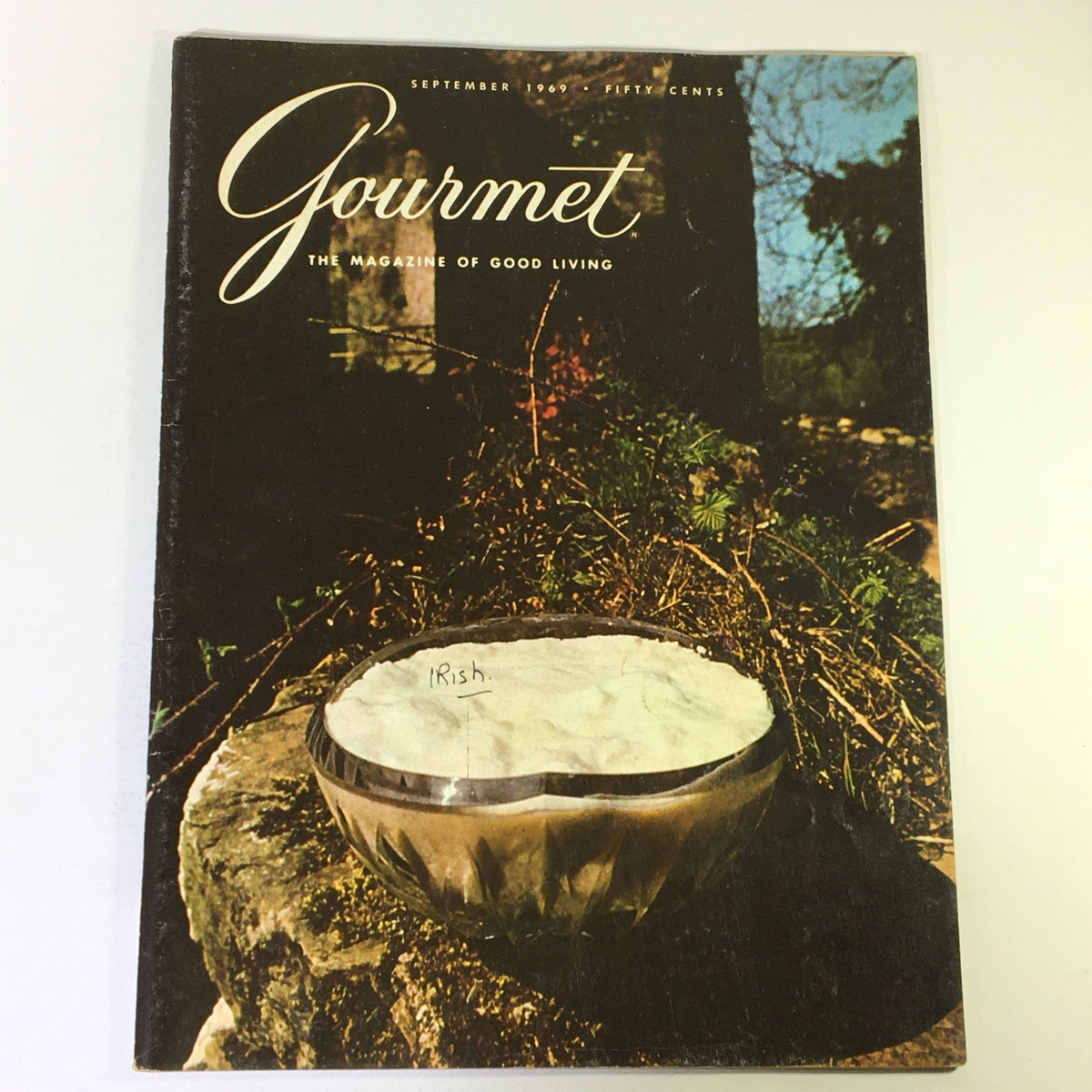 Cover of VTG Gourmet The Magazine of Good Living September 1969 featuring a bowl of fish and chips, showcasing the food culture of the late 1960s.