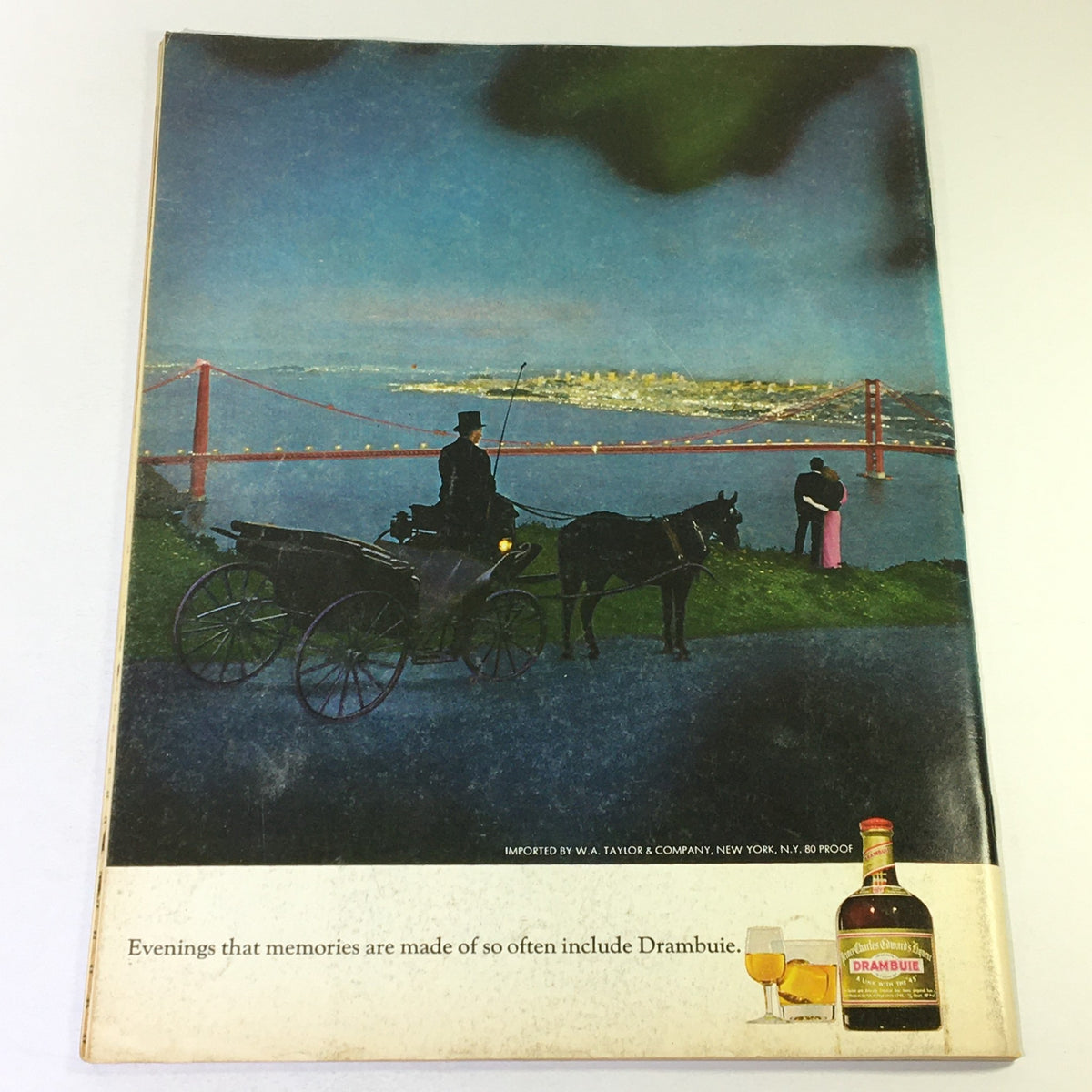 Back cover of VTG Gourmet The Magazine of Good Living September 1969 with an advertisement for Drambuie, featuring a scenic view of the Golden Gate Bridge.