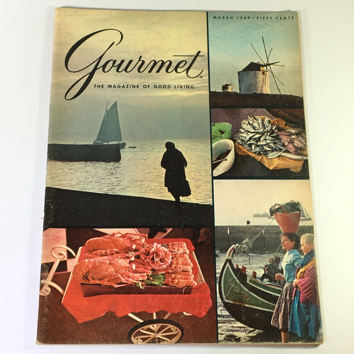 VTG Gourmet The Magazine of Good Living March 1969 cover featuring a silhouette of a woman by the sea, a sailboat, and images of seafood dishes and local scenery.