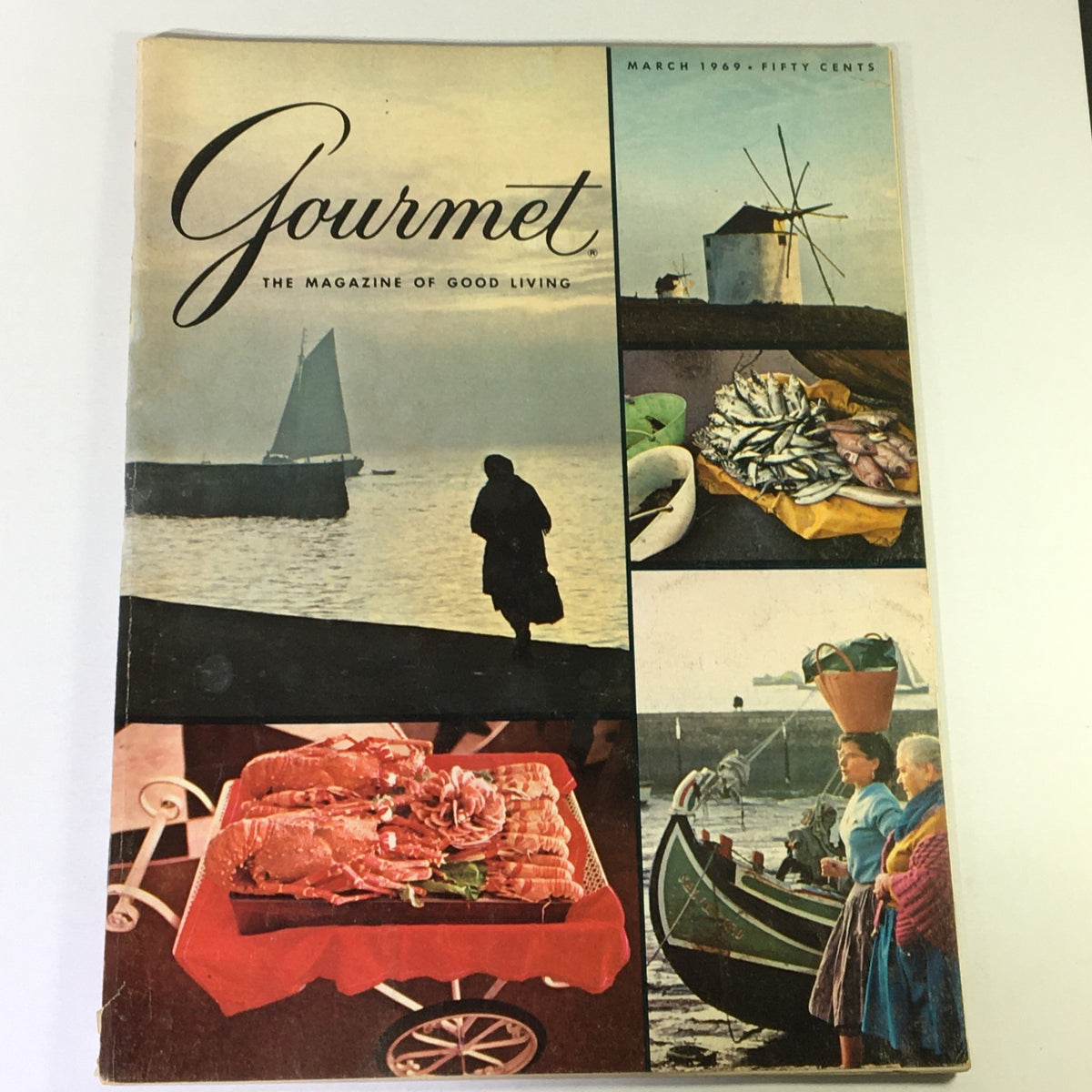 Cover of VTG Gourmet The Magazine of Good Living, March 1969, featuring a collage of Portuguese coastal scenes and seafood dishes, showcasing the allure of culinary history.