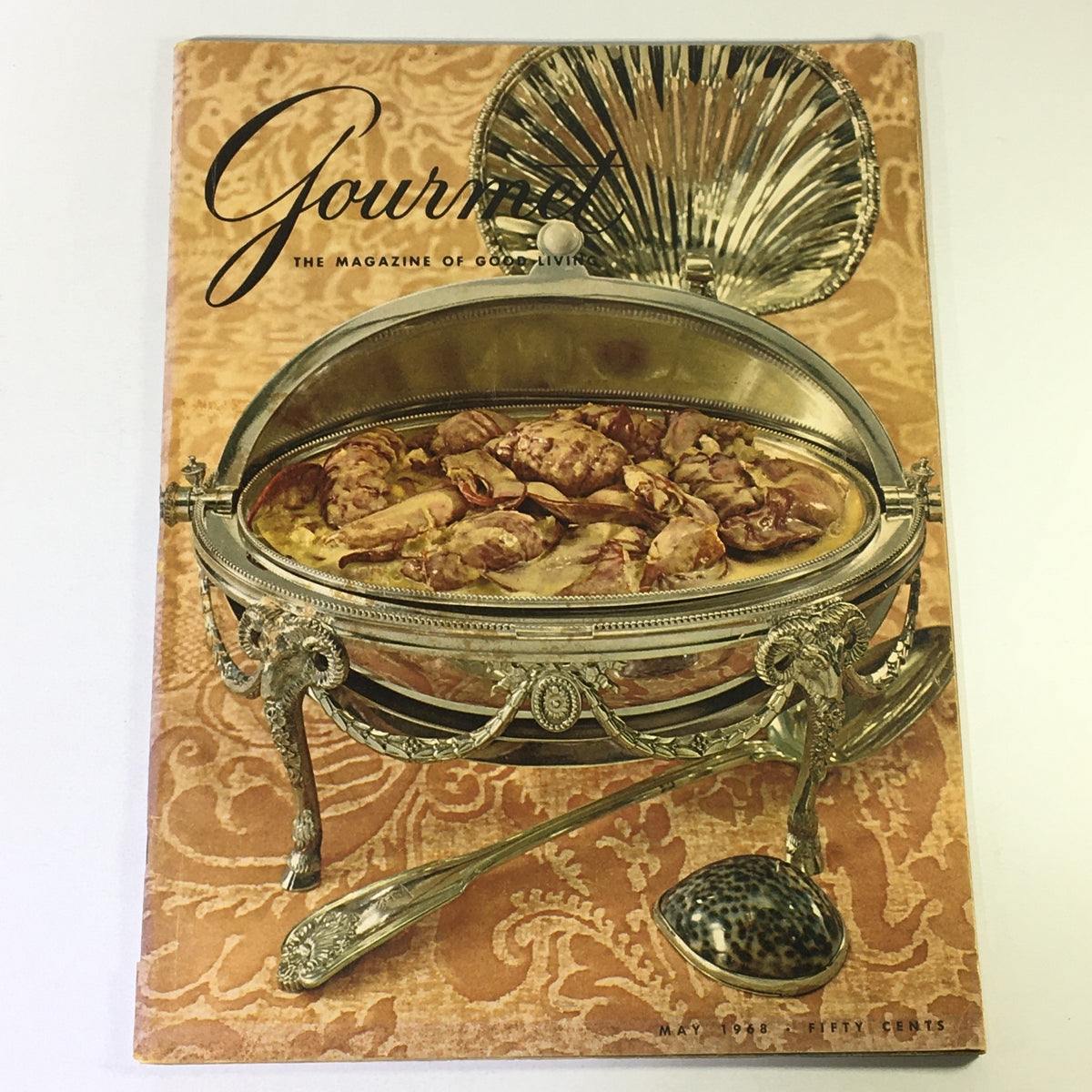 Cover of VTG Gourmet: The Magazine of Good Living, May 1968 featuring an elegant silver serving dish with seafood, celebrating gourmet culinary traditions.