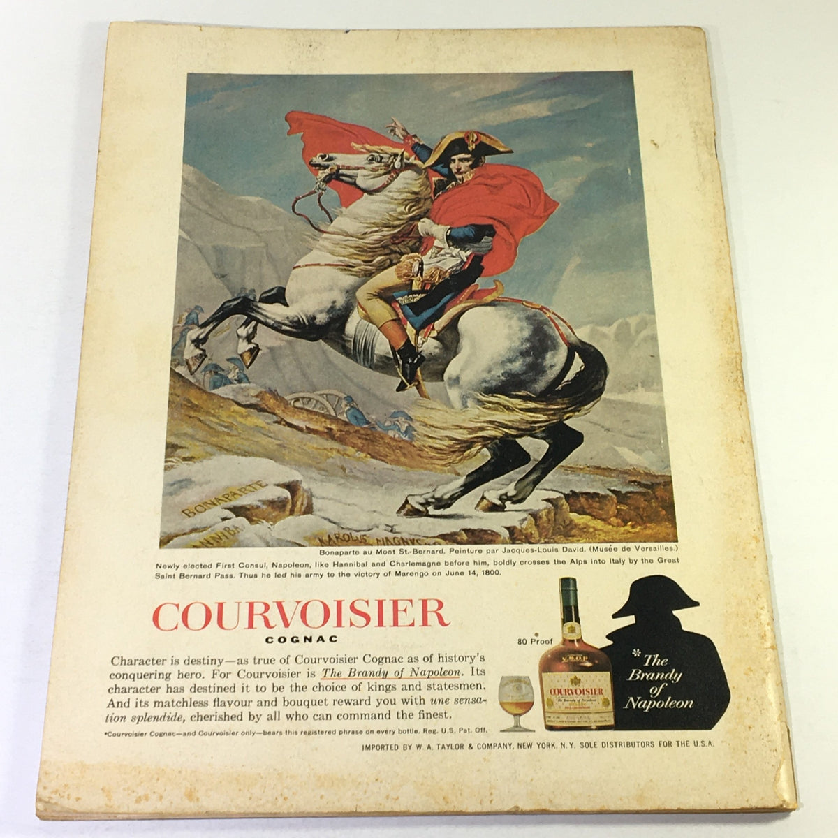 Back cover of VTG Gourmet: The Magazine of Good Living, May 1968 displaying an advertisement for Courvoisier Cognac with an artistic depiction of Napoleon Bonaparte on horseback.