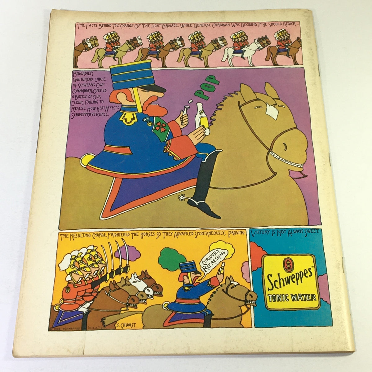 Back cover of VTG Gourmet: The Magazine of Good Living August 1969, illustrated with a colorful cartoon scene, featuring characters on horseback and a humorous depiction related to the historical Charge of the Light Brigade.