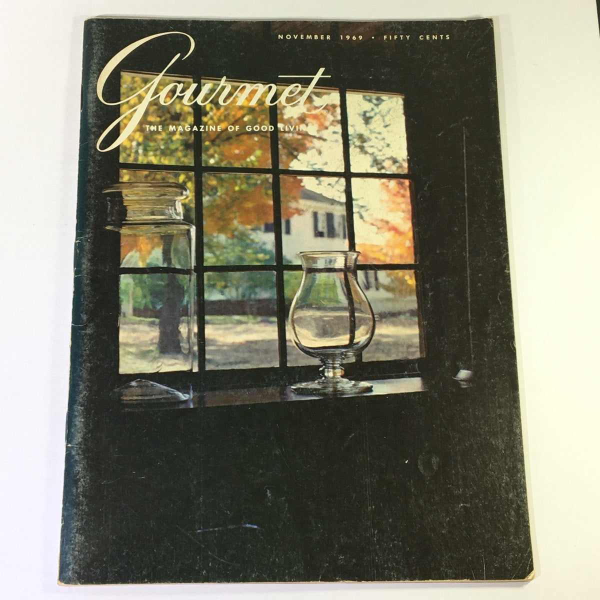 Vintage Gourmet Magazine November 1969 cover featuring a scenic autumn view from a window with glass lanterns. The tagline reads 'Gourmet: The Magazine of Good Living'.