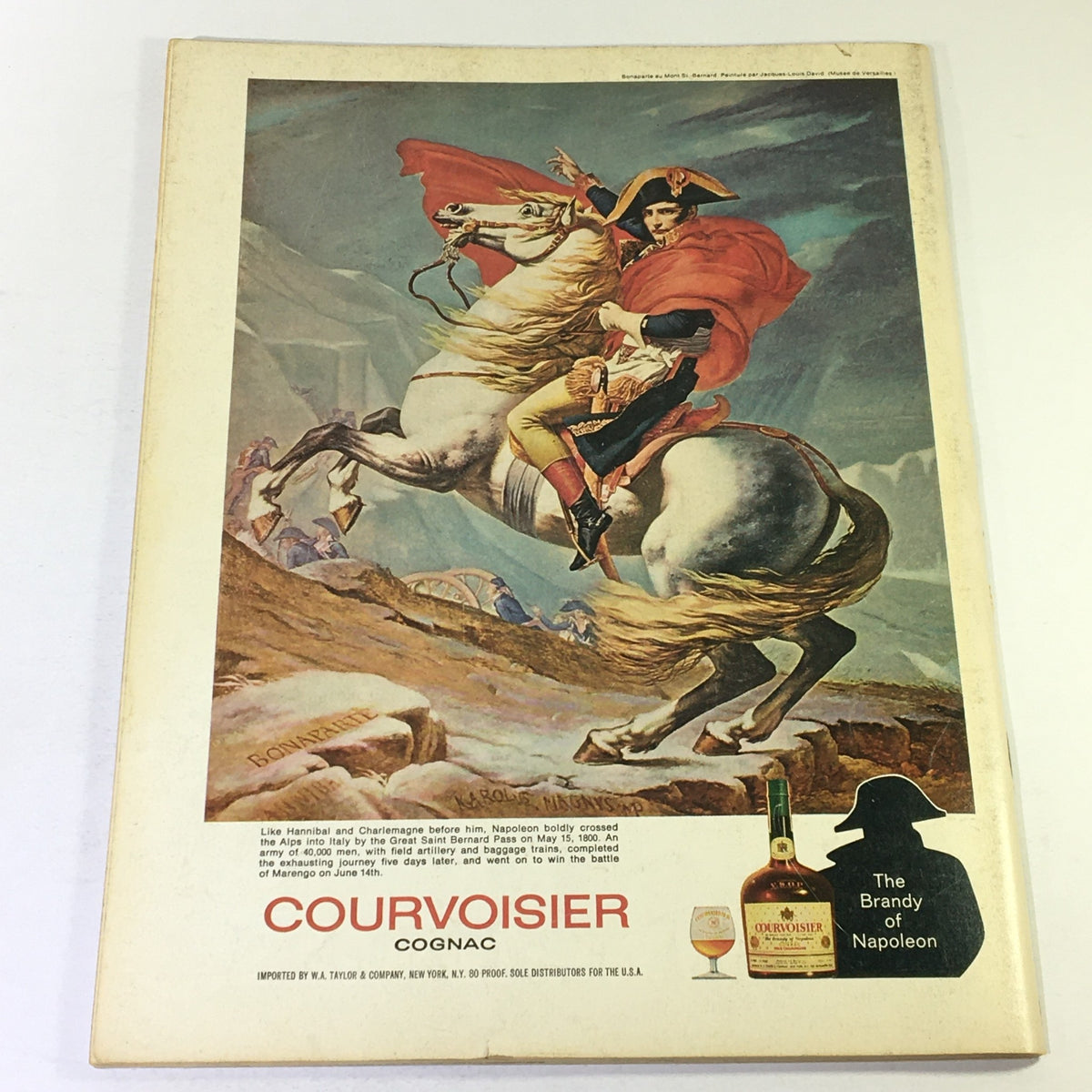 Vintage advertisement from Gourmet Magazine November 1969 showcasing Courvoisier Cognac with an illustration of Napoleon on horseback. The ad emphasizes its historical significance as 'The Brandy of Napoleon'.