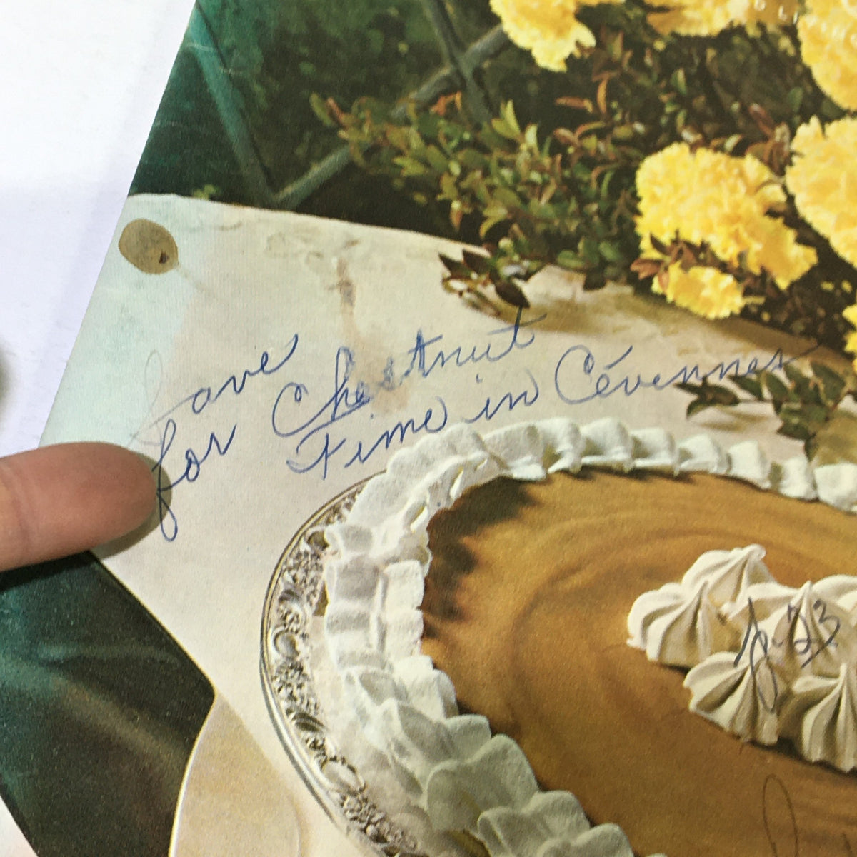 Vintage Gourmet Magazine October 1963, featuring handwritten note on page detailing Chestnuts of Cevennes, showcasing culinary traditions.