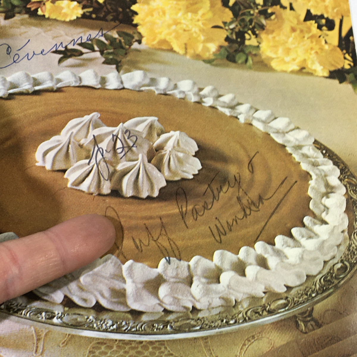 October 1963 Gourmet Magazine, close-up of decorative dessert with meringues, highlighting Chestnuts of Cevennes article.
