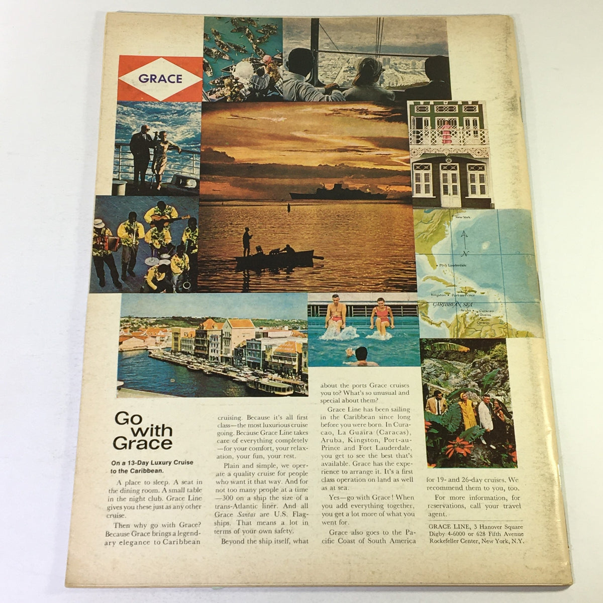 Back cover of VTG Gourmet The Magazine of Good Living February 1967 highlighting an advertisement for Grace Line luxury cruises with colorful collage of travel imagery.