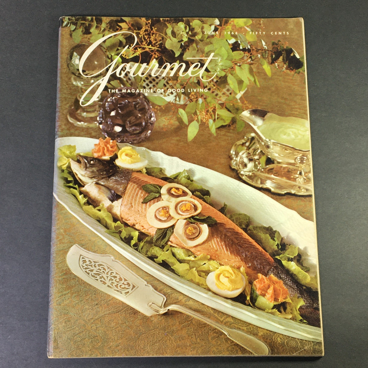 Cover of VTG Gourmet The Magazine of Good Living June 1968 featuring an elegant presentation of a fish dish on a decorative platter with garnishes.