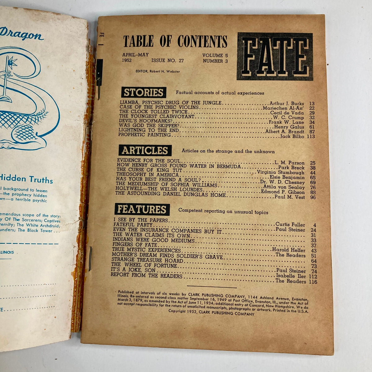 Table of contents page from VTG Fate Magazine April 1952 Vol 5 No. 3, listing articles and stories related to paranormal experiences, including 'King Tut's Curse'.