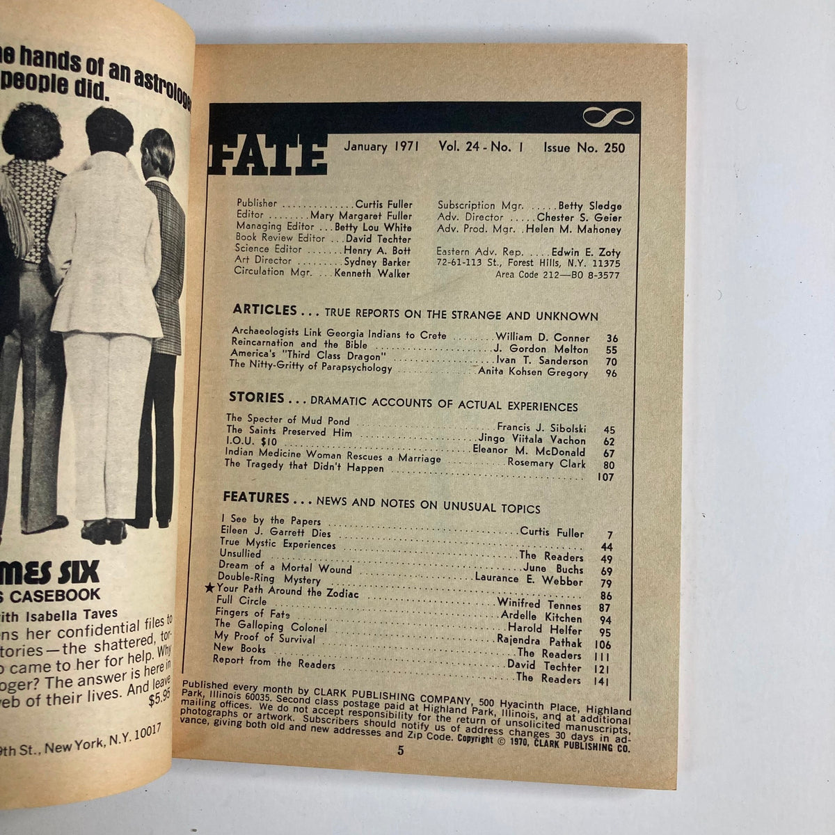 Interior page of Fate Magazine, January 1971, Vol 24 No. 1 showcasing the table of contents and article titles including 'The Saints Preserved Him,' highlighting themes of the paranormal and unexplained phenomena.