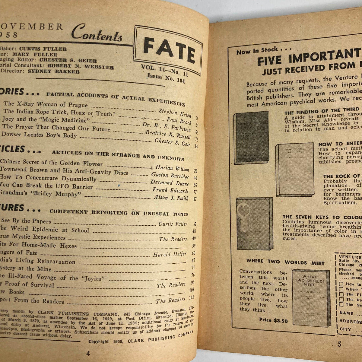 Fate Magazine November 1958 Volume 11 Number 11 Contents page featuring articles like 'The Chinese Secret of the Golden Flower' and 'Can You Break the UFO Barrier', highlighting the intriguing themes of mysticism and the supernatural.