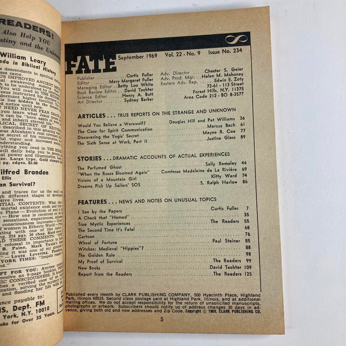 Inside page of VTG Fate Magazine September 1960 Vol 22 No. 9 displaying the contents including articles like 'Would You Believe a Werewolf?' and 'Discovering the Yogis' Secret'.