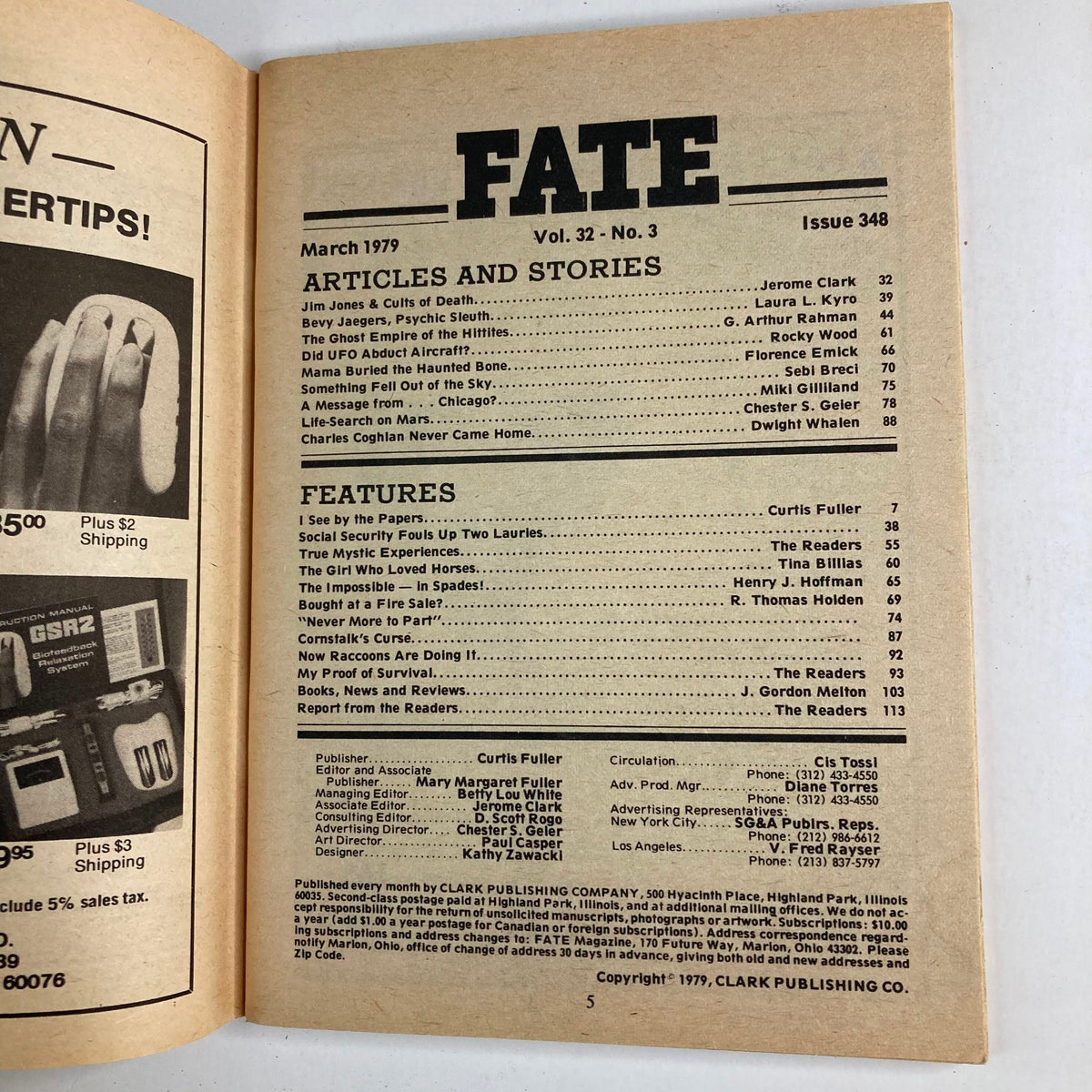 Interior page of Fate Magazine March 1979 Vol 32 No. 3 listing articles and stories including 'Jim Jones & Cults of Death' and 'Ghost Empire of the Hittites'.
