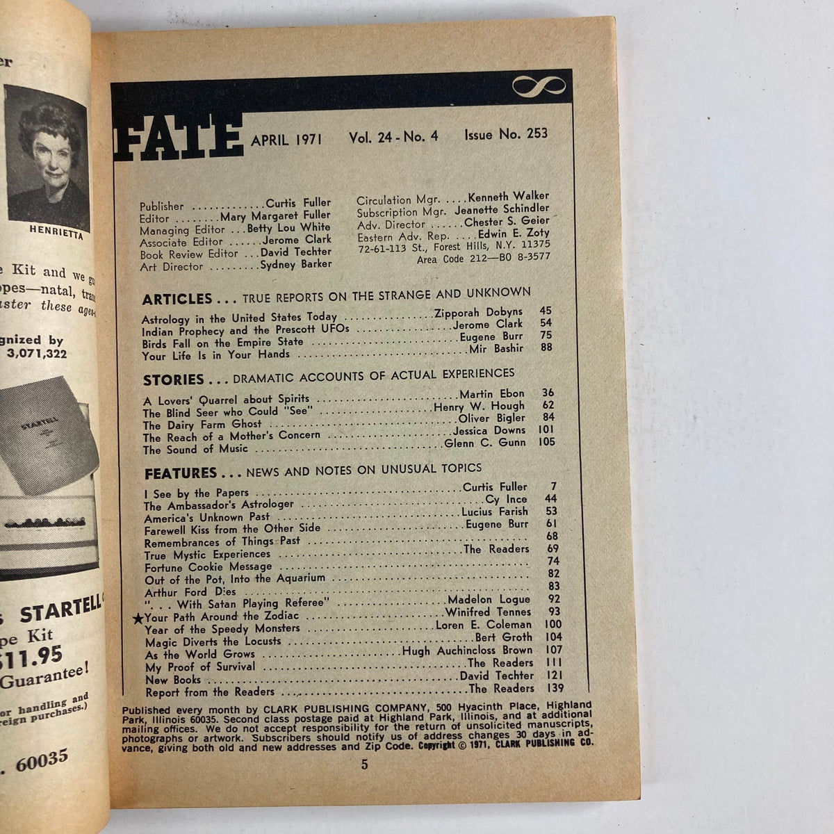 Table of contents from VTG Fate Magazine April 1971 Vol 24 No. 4 detailing articles including The Dairy Farm Ghost and other supernatural themes.