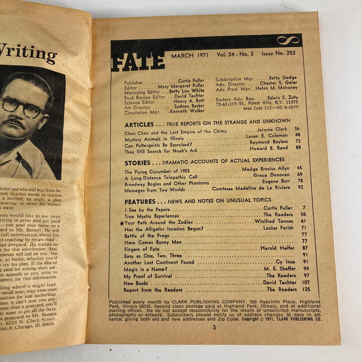 Interior page of VTG Fate Magazine March 1971 Vol 24 No. 3 displaying the table of contents and article titles such as 'Chan Chan and the Lost Empire of the Chimu'.