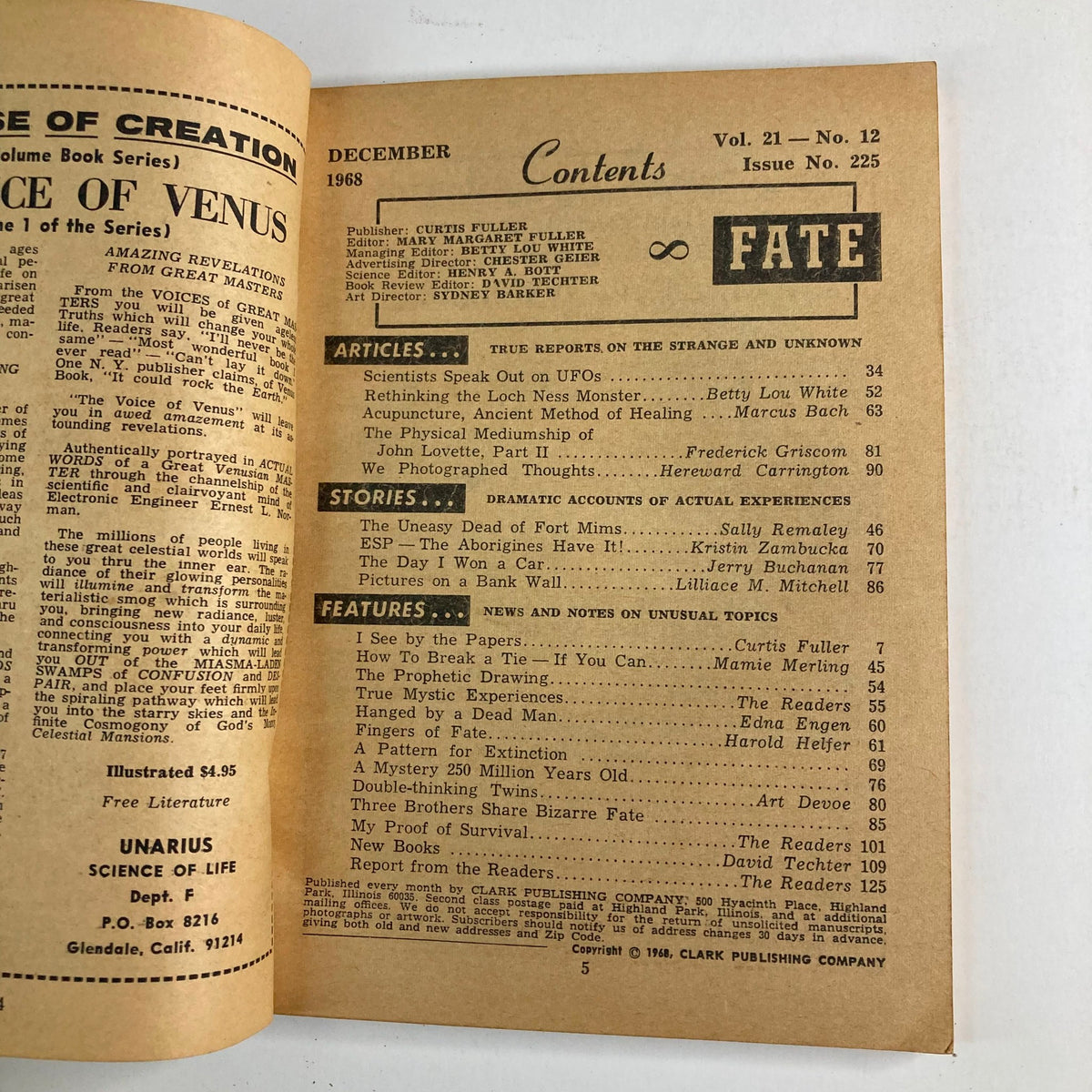 Contents page of VTG Fate Magazine December 1968 Vol 21 No. 12, listing articles and stories including 'Pictures On A Bank Wall'.