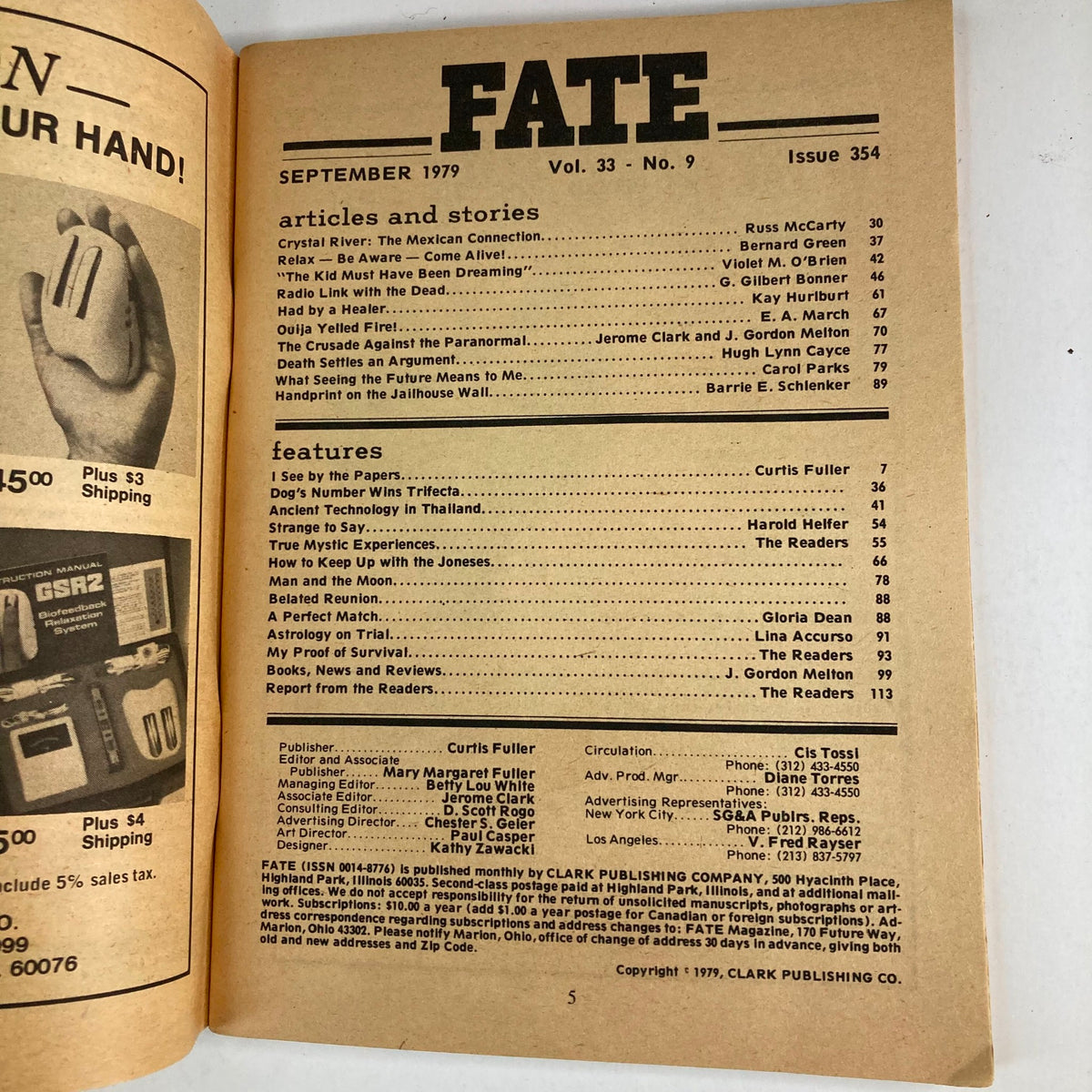 Table of contents for Fate Magazine September 1979 Vol 33 No. 9, listing articles and features such as 'Radio Link with the Dead' and 'The Crusade Against The Paranormal.'