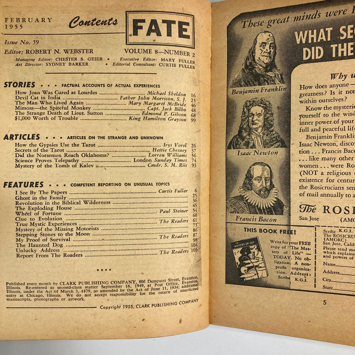 Fate Magazine February 1955 Vol 8 No. 2 featuring table of contents highlighting articles on gypsy tarot, historical figures, and unique reporting topics.