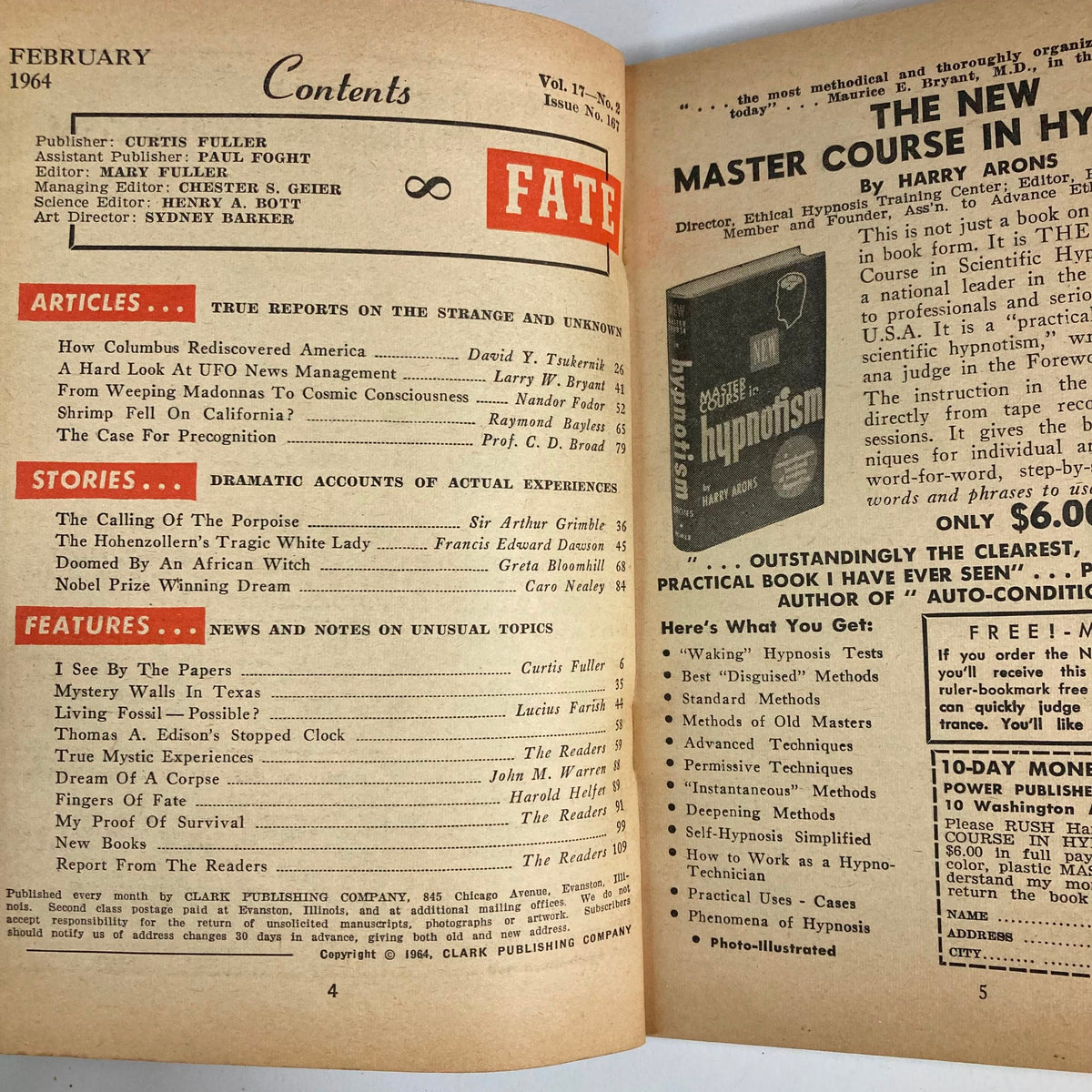 Interior page of Fate Magazine February 1964 Vol 17 No. 2 displaying the table of contents with article titles and authors discussing the strange and unknown.