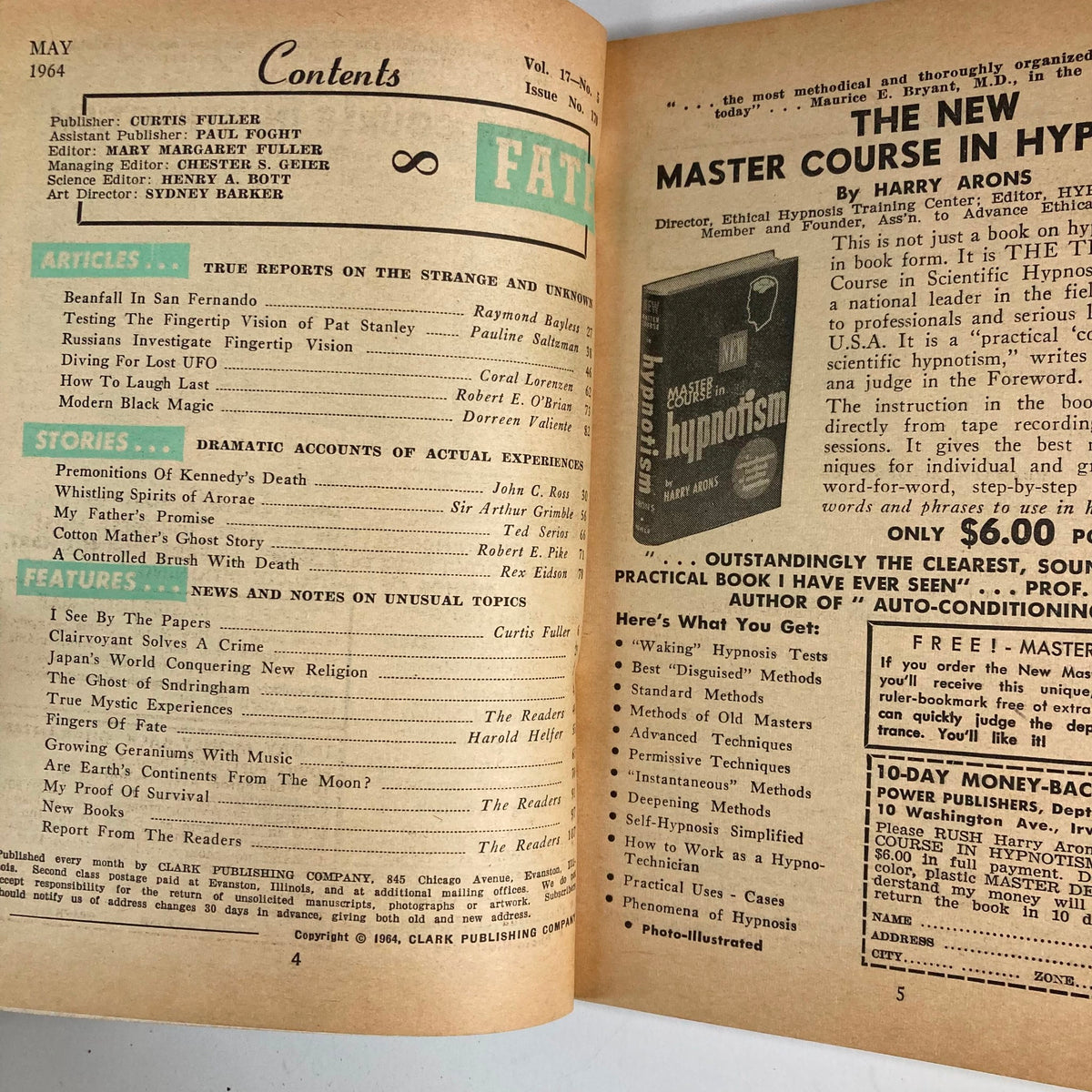 Contents page of VTG Fate Magazine May 1964 Vol 17 No. 5, featuring articles on Modern Black Magic, psychic phenomena, and mystical topics.